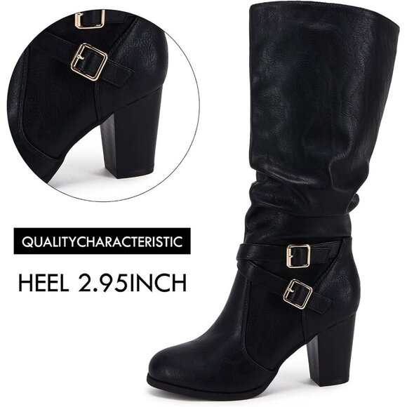 Women Black 1 Mid Knee High Boots Chunky Heel Slouchy Metal Buckle Winter Shoes - Picture 5 of 7